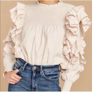 Storia Smocked Ruffled Puff Sleeve Blouse Beige Peasant‎ Boho Victorian Coquette